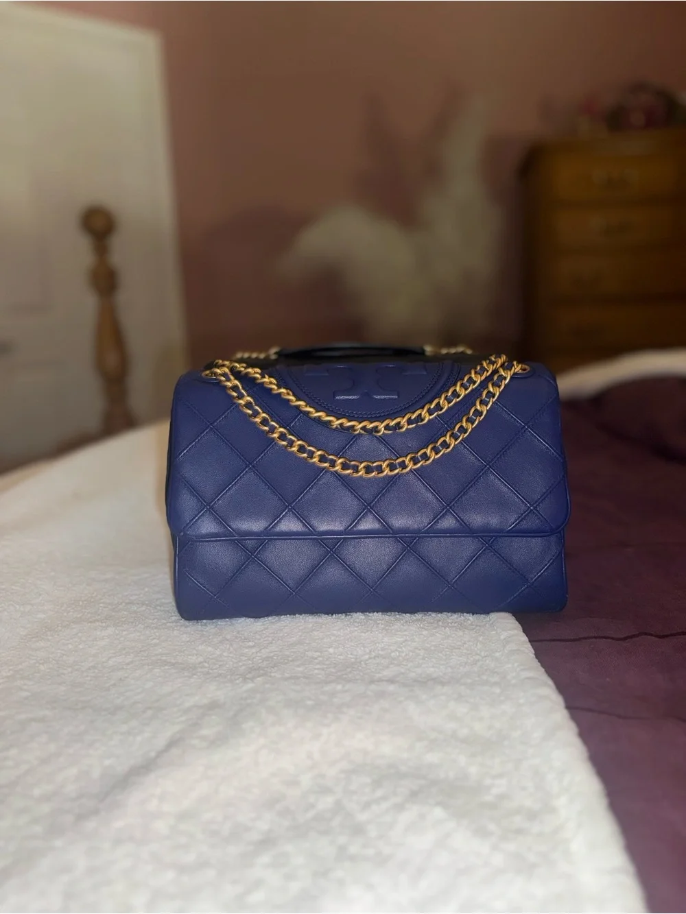 Tory Burch Quilted Royal Blue Shoulder Bag with Chain Strap